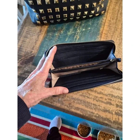 Michael Kors Grayson Navy Saffiano Leather Studded Satchel Bag and Wallet Set - Picture 3 of 10